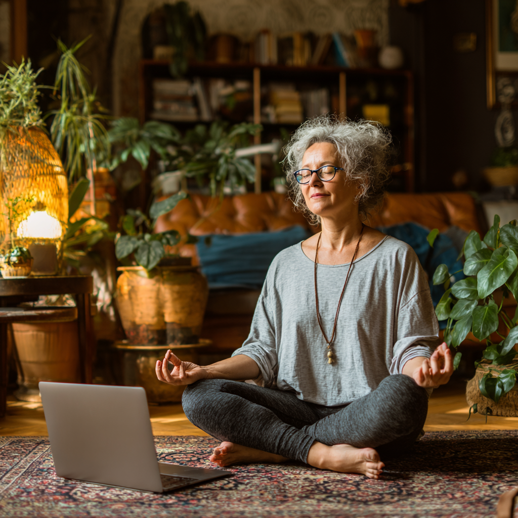 Жінка 58 років практикує йогу вдома перед ноутбуком під час онлайн заняття, у затишній вітальні з рослинами