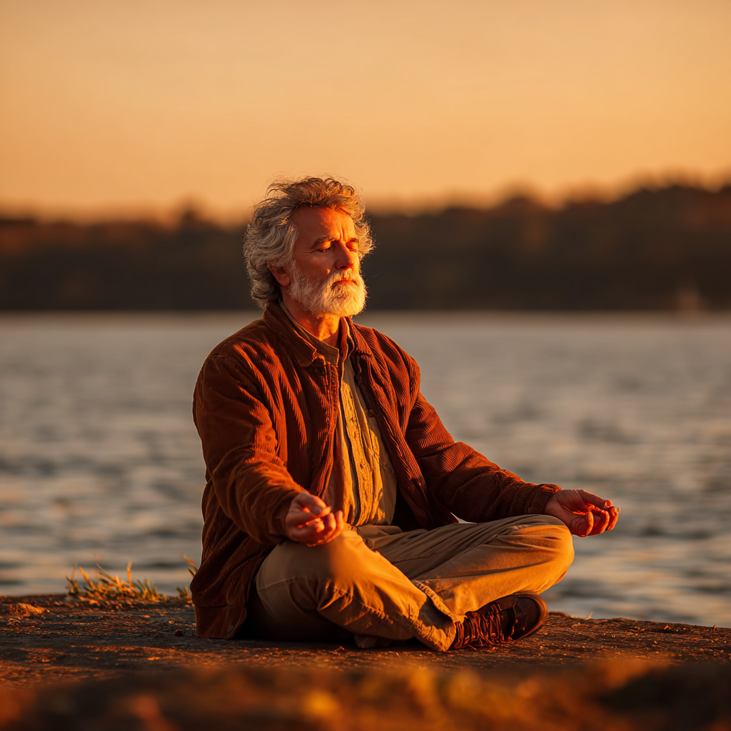 Чоловік віком близько 60 років медитує у позі лотоса на березі озера під час золотого заходу сонця